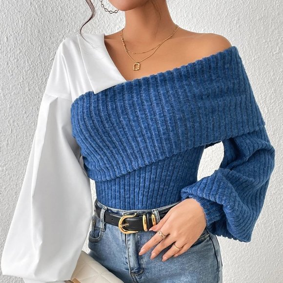 Color Block Asymmetrical Neck Lantern Sleeve Top black white - Picture 3 of 5